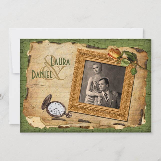 Vintage Vert, Gold Frame Photo Wedding Invitation  (Devant)