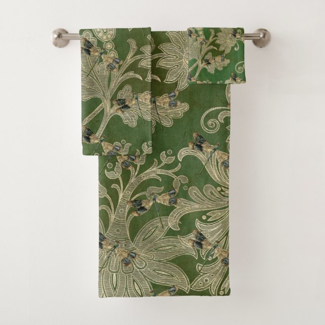 Vintage vert Tan Damask Floral Dragonflies (En situation)