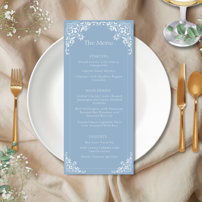 Vintage Vieux Argent Dusty Bleu Élégant Menu Maria (Elegant dusty blue wedding dinner menu for romantic old money vintage romantic shabby chic events)