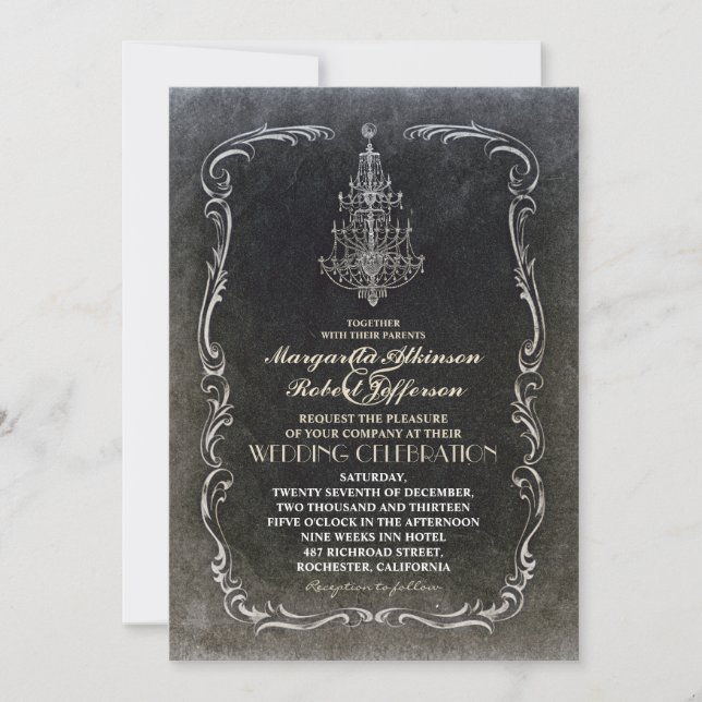 vintage vieux lustre invitation au mariage noir (Devant)