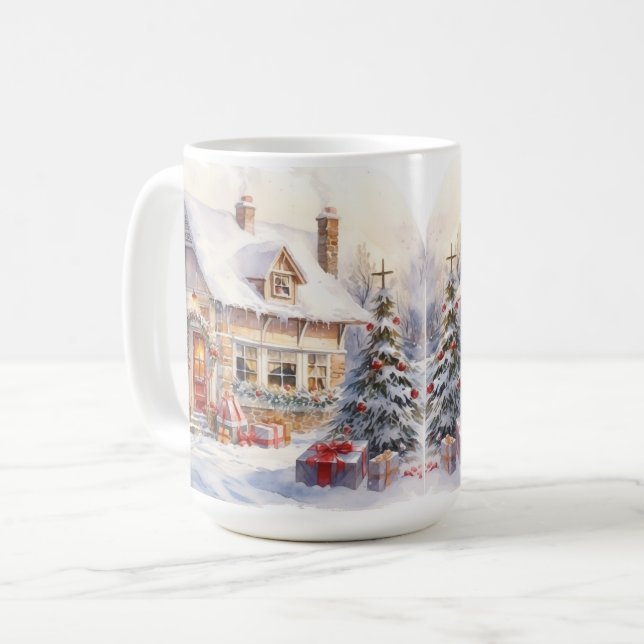 Vintage Vieux mode Maison de Noël Scène Mug (Devant gauche)