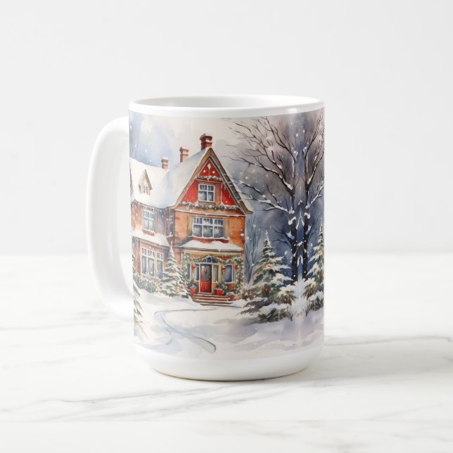 Vintage Vieux mode Maison de Noël Scène Mug (Devant gauche)