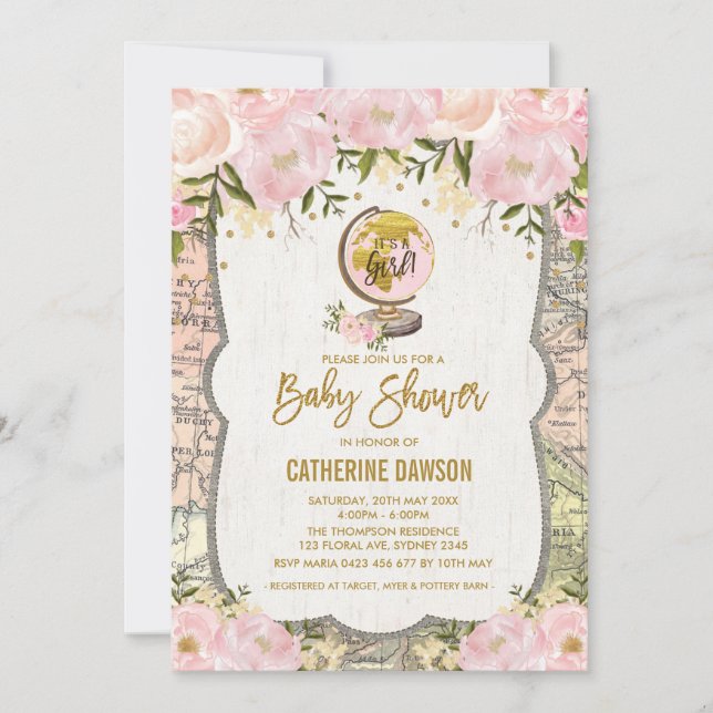 Vintage voyage Baby Girl Douche Invitation Floral (Devant)