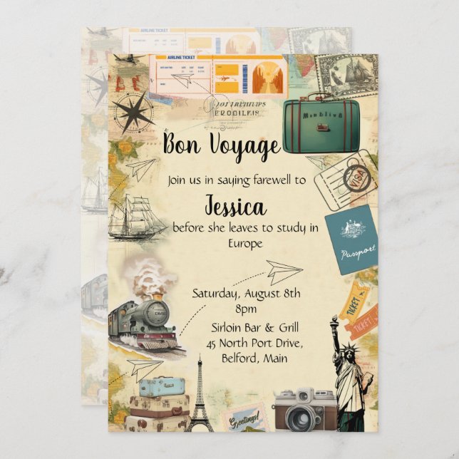 Vintage voyage Collage Bon Voyage Fête Invitation (Devant / Derrière)