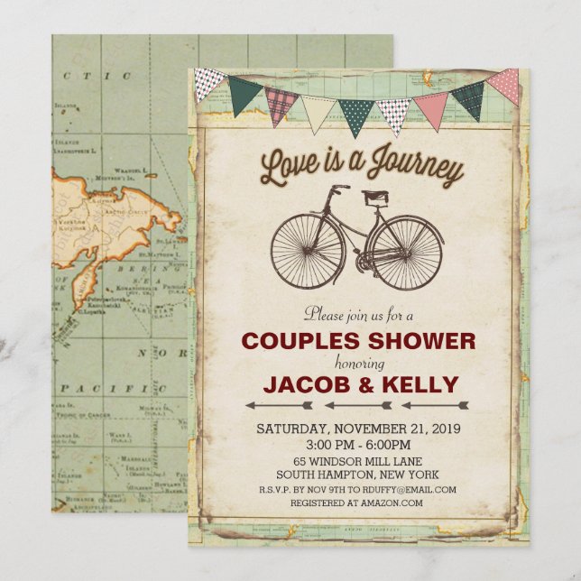 Vintage Voyage Vélo Couples Douche Invitation (Devant / Derrière)