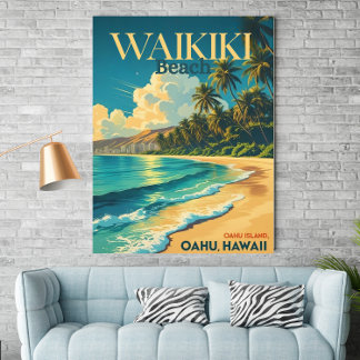 Vintage Waikiki Beach, Hawaii - Retro Affiche de v