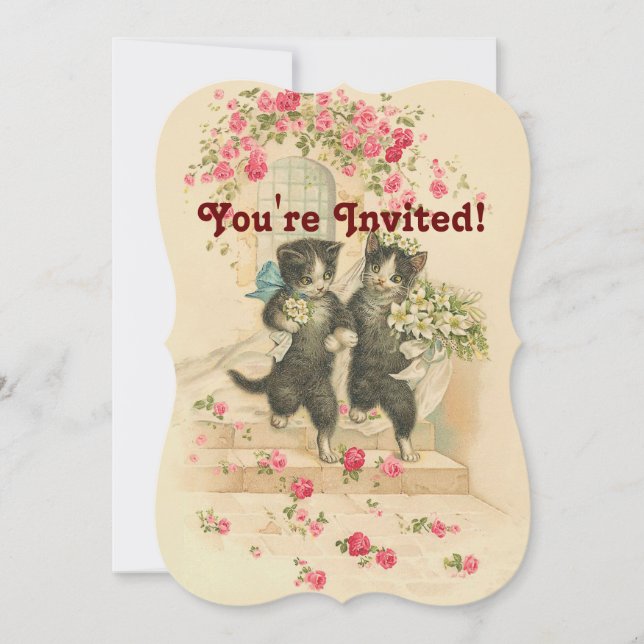 Vintage Wedding Cat Couple Soft Gold Invitation (Devant)