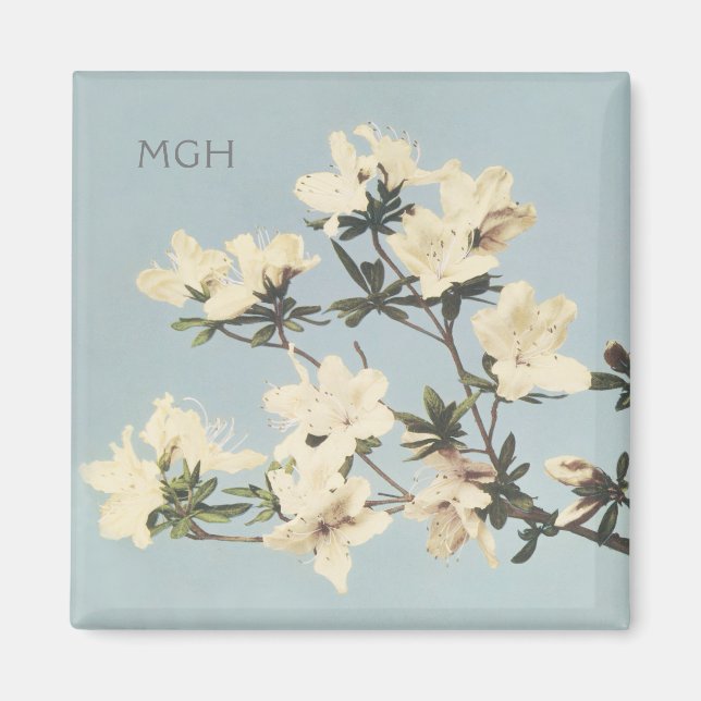 Vintage White Cream Azalea Flowers Monogram Magnet (Devant)
