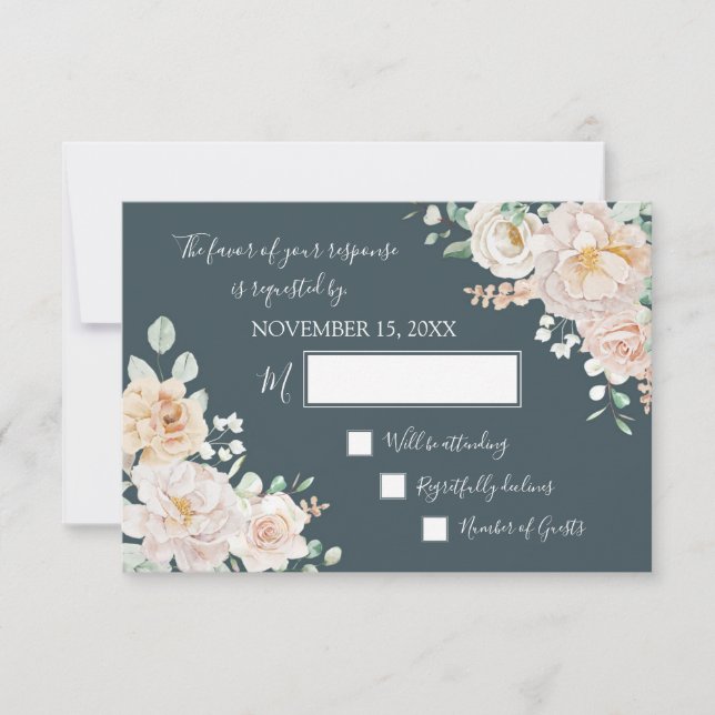 Vintage White Floral Navy Blue Wedding RSVP (Devant)