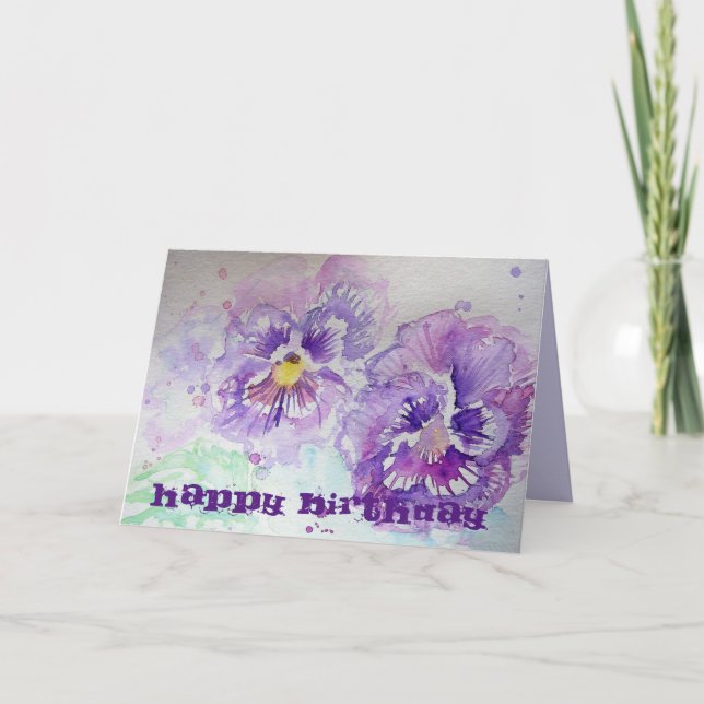 Violas violet Pansy Watercolor art Carte d'anniver (Devant)