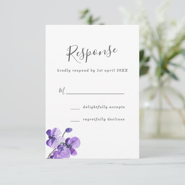 Violet Aquarelle Orchidées Mariage RSVP (Debout devant)