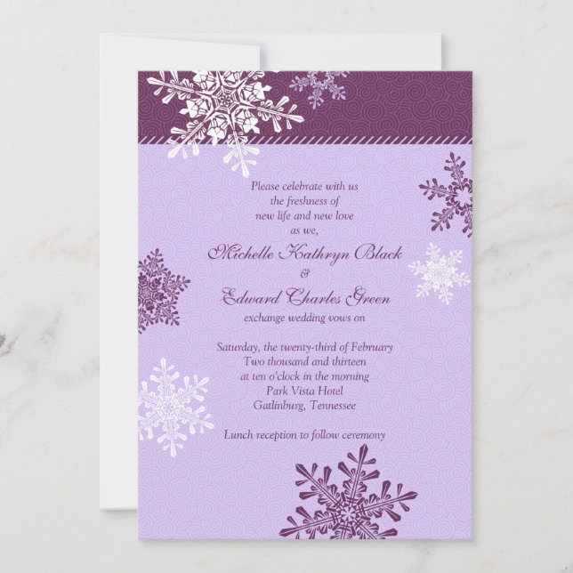 Violet blanc Flocon de neige Invitation de mariage (Devant)