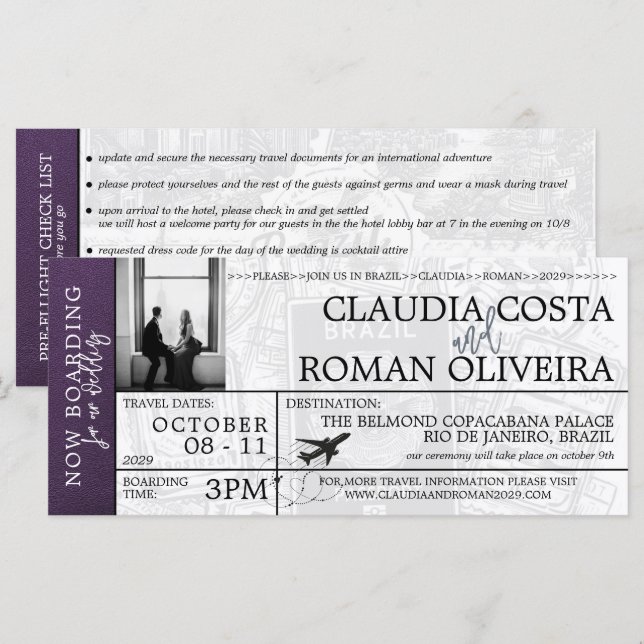 Violet Brésil Mariage Boarding Pass Invitation (Devant / Derrière)
