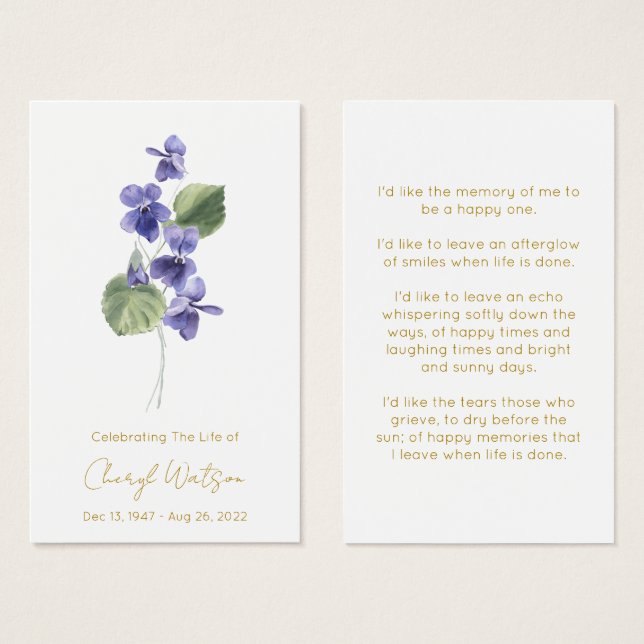 Violet | Carte de prière mémorielle funéraire simp (Devant & derrière)
