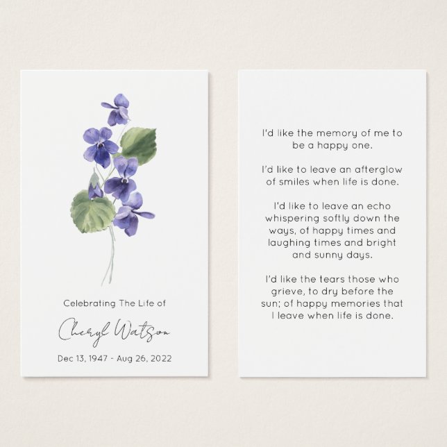 Violet | Carte de prière mémorielle funéraire simp (Devant & derrière)