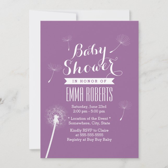 Violet classique Dandelion Baby Shower Invitations (Devant)