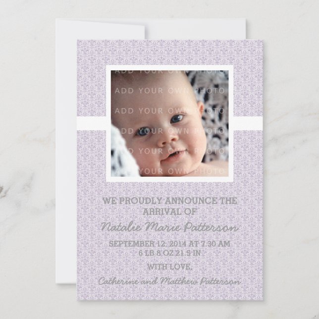 Violet Damask Frame Photo Baby Faire-part (Devant)