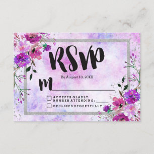 Violet Floral & Argent Frame Mariage RSVP Réponse