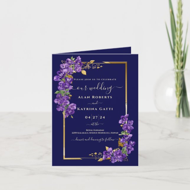 Violet Floral Gold Frame Elegant Folded Invitation (Devant)
