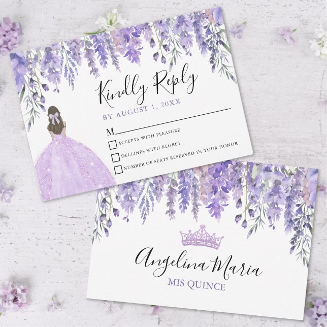Violet Floral Tiara Violet Quinceanera Carte RSVP (Floral Violet Tiara Purple Quinceanera RSVP Card)
