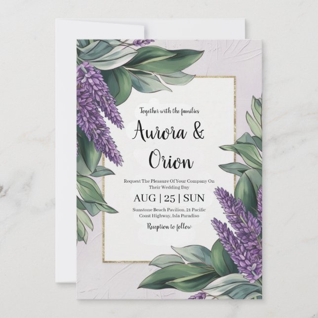 violet lavande et eucalyptus invitations de mariag (Devant)