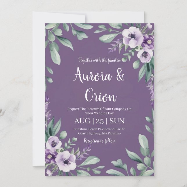 violet lavande et eucalyptus invitations de mariag (Devant)