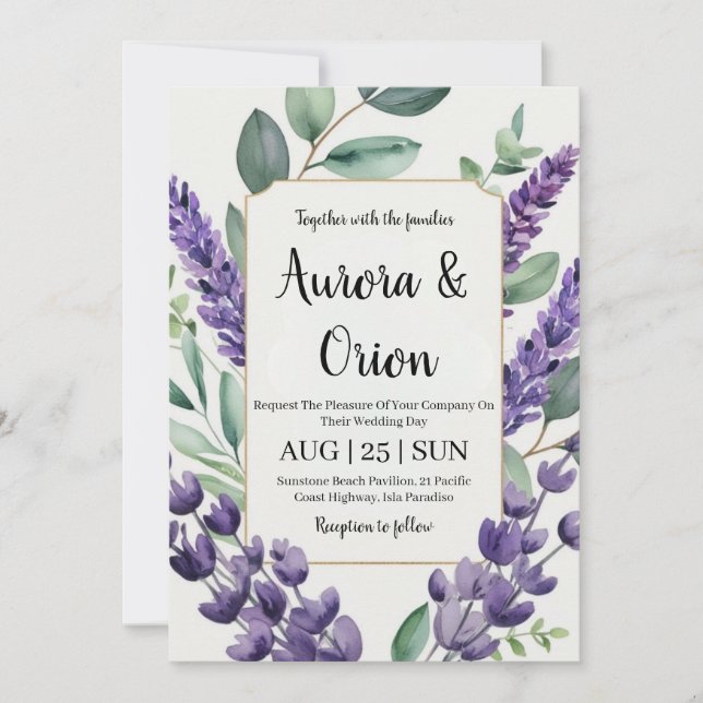 violet lavande et eucalyptus invitations de mariag (Devant)