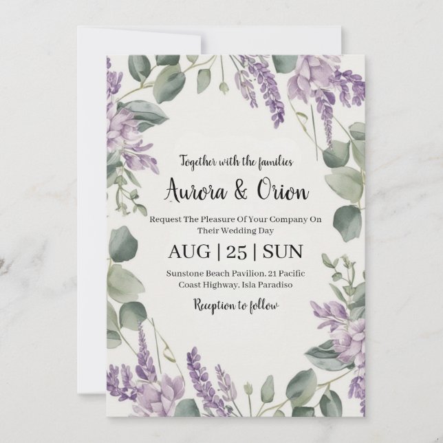 violet lavande et eucalyptus invitations de mariag (Devant)