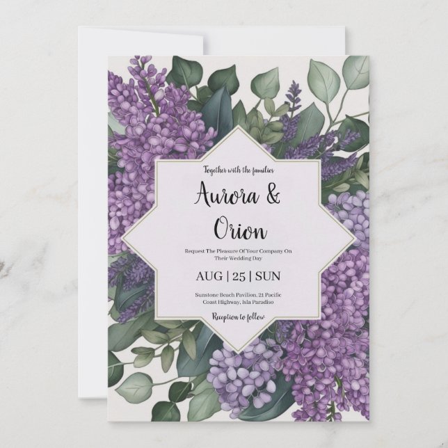 violet lavande et eucalyptus invitations de mariag (Devant)
