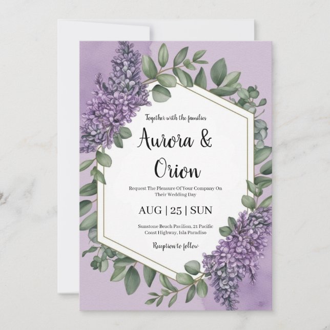 violet lavande et eucalyptus invitations de mariag (Devant)