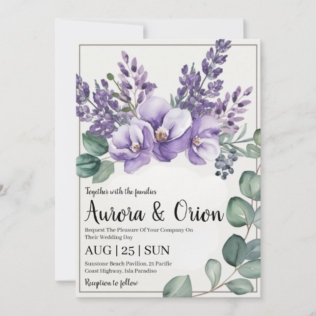 violet lavande et eucalyptus invitations de mariag (Devant)