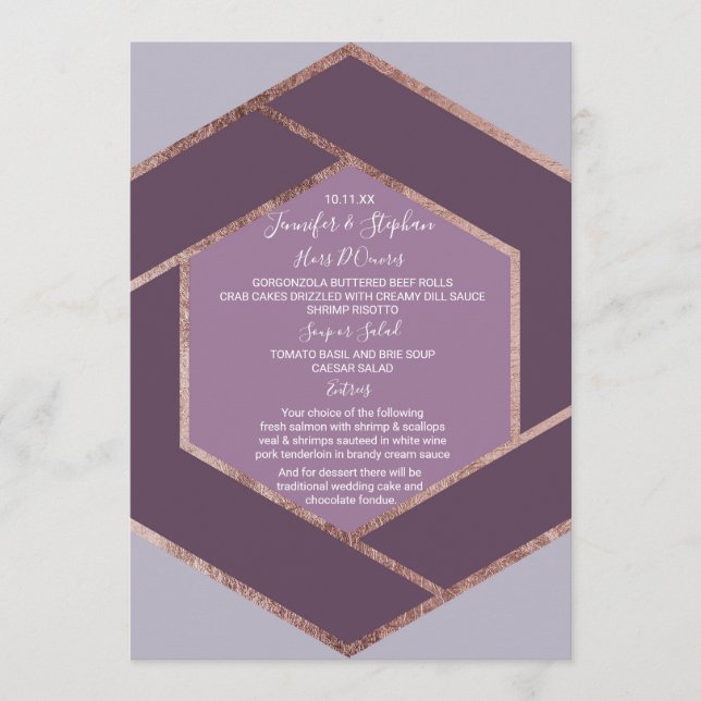Violet Lilac violet Rose or Hexagon Mariage Menu (Devant)