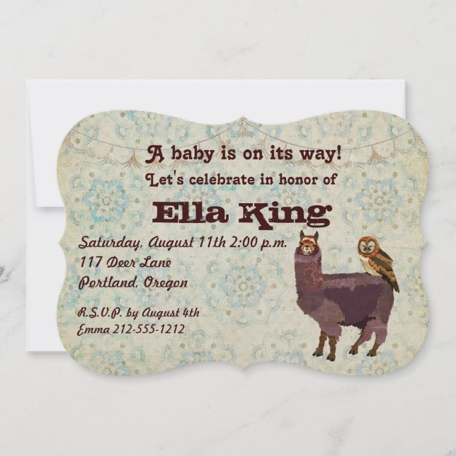 Violet Llama & Owl Floral Baby Invitation (Devant)