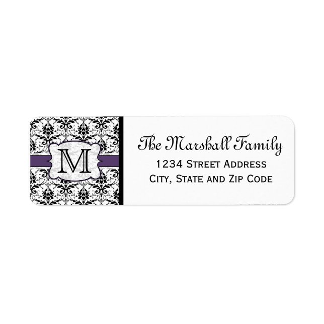 (Violet) Monogramme Damas Étiquettes d'adresse de  (Devant)