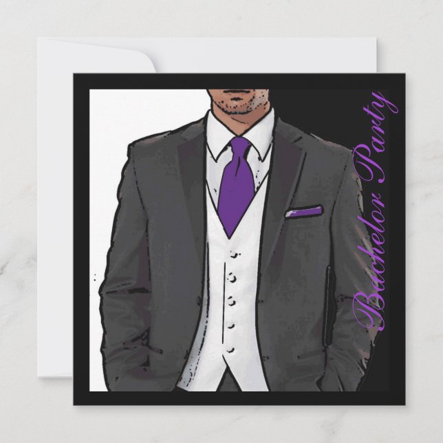 Violet noir blanc tuxedo célibataire invitations (Devant)