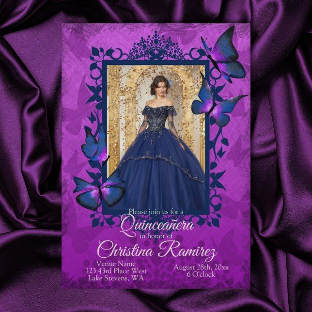 Violet, Papillon bleu Quinceanera Invitation (Violet and blue quinceanera, blue dress mis quince invitation 15th purple butterfly blue butterflies)