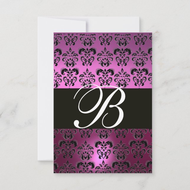 VIOLET PURPLE BLACK DAMASK MONOGRAM RSVP blanc (Devant)