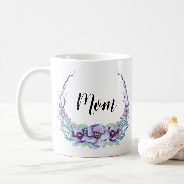 Violet Purple Maman Mug Aquarelle Fleurs délicates (Avec donut)