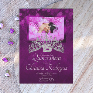 Violet Quinceanera Silver Tiara Invitation