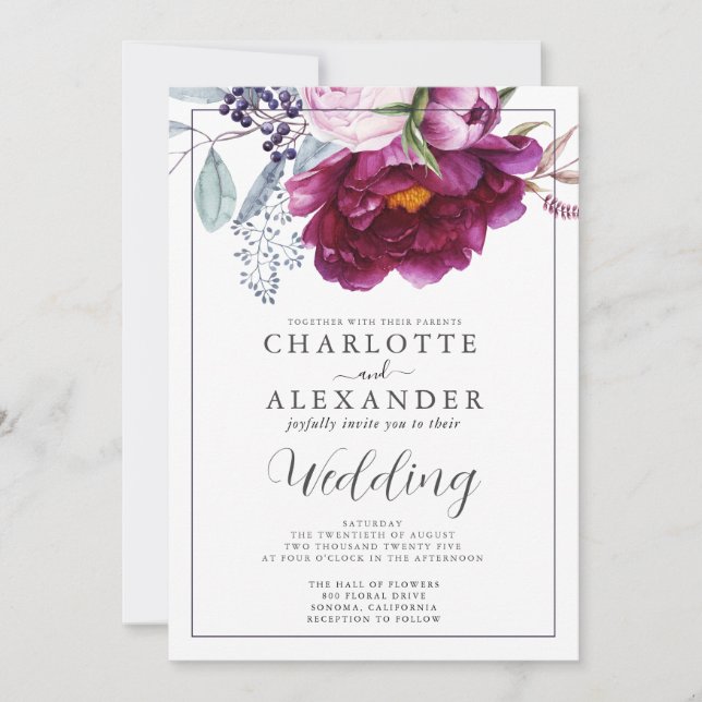 Violet rouge Floral Invitations de mariage botaniq (Devant)