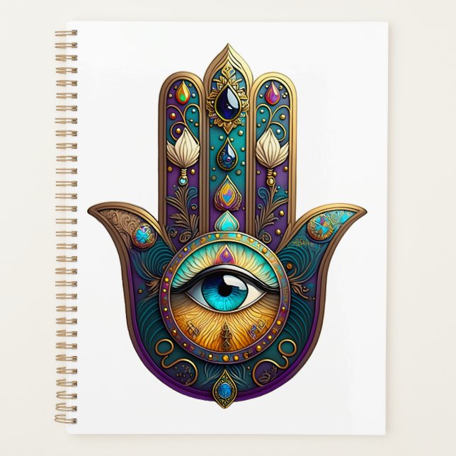 Violet sarcelle doré Hamsa avec troisième œil turq (Devant)