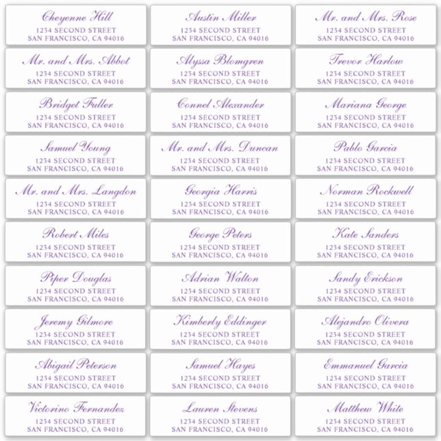 Violet Script Élégant Mariage Étiquettes de adress (Devant)