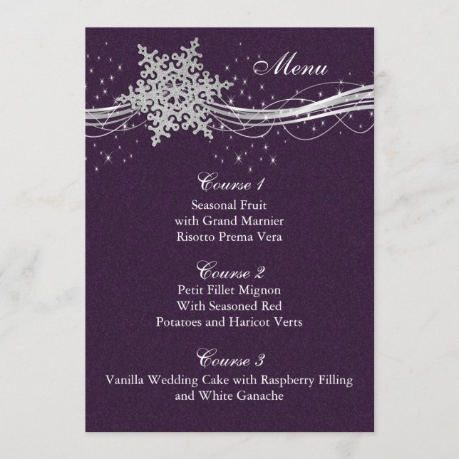 violet Silver Snowflakes Carte menu mariage hiver (Devant)