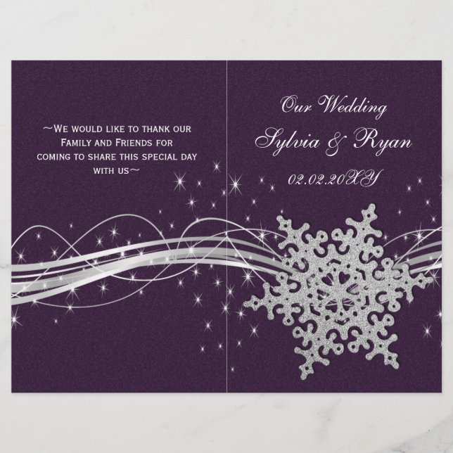 violet Silver Snowflakes programmes de mariage pli (Devant)