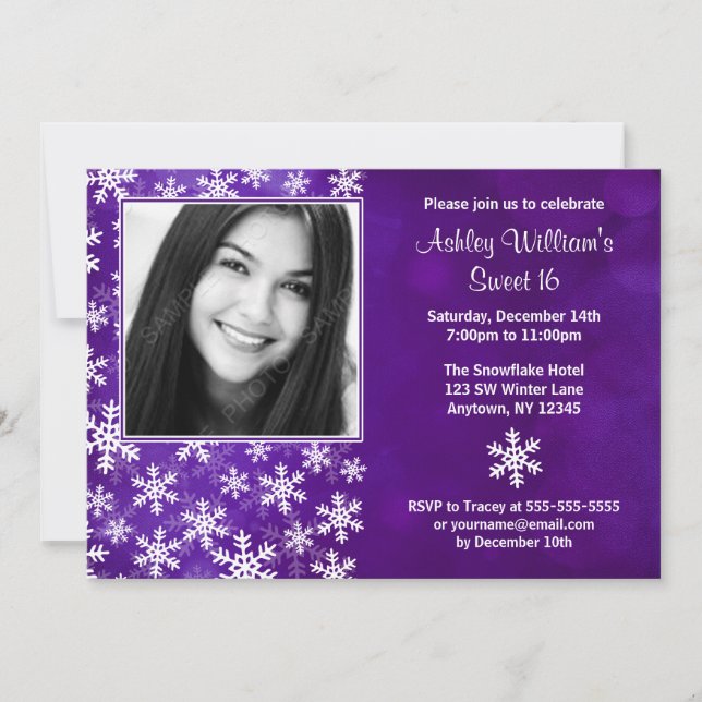Violet Snowflakes Photo Sweet 16 Invitations (Devant)