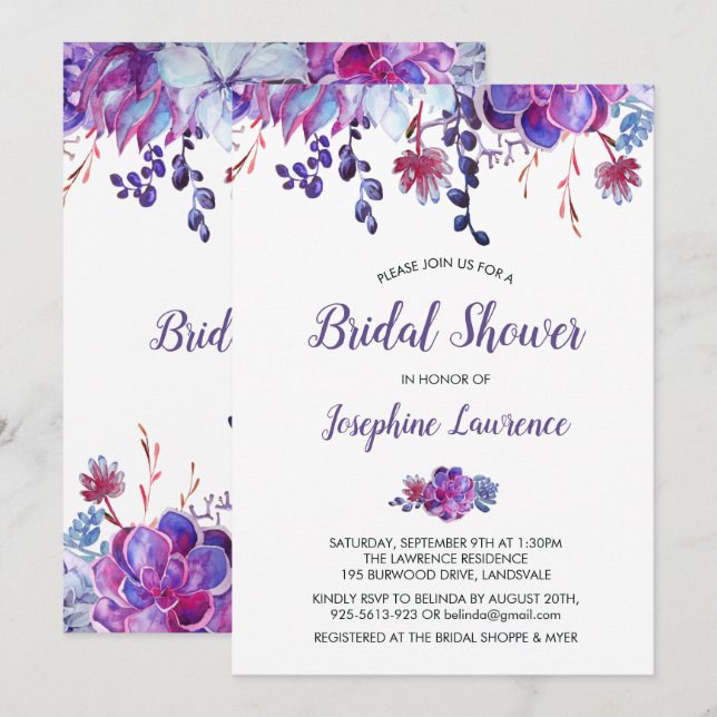Violet Succulent Foliage Bridal Shower Invitation (Devant / Derrière)