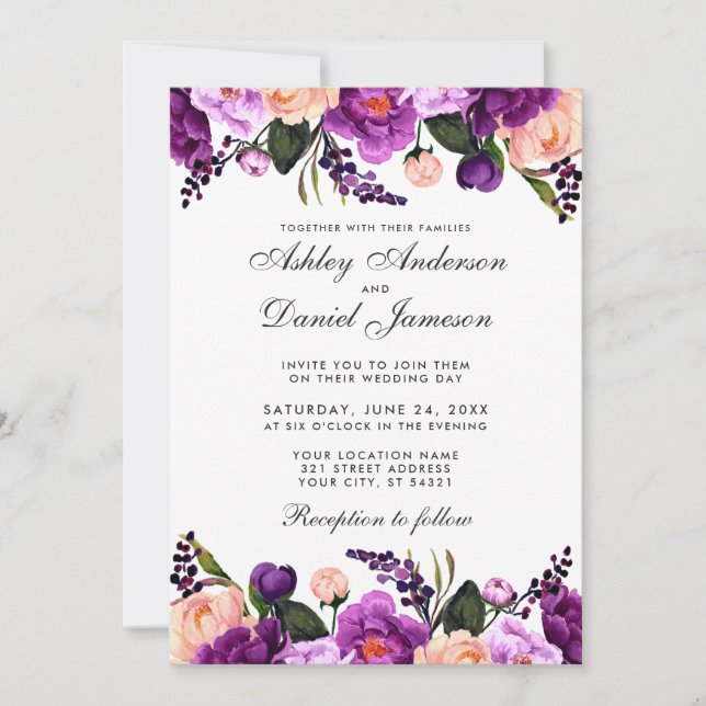 Violet Ultra Pourpre | Faire-Part de Mariage Flora (Devant)