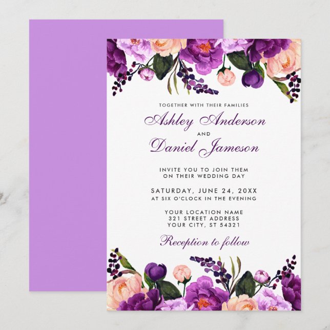 Violet ultra violet | Floral Faire-part de mariage (Devant / Derrière)