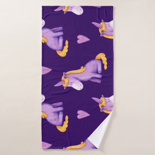 Violet Unicorns Hearts Aquarelle Motif. (Serviette de bain)