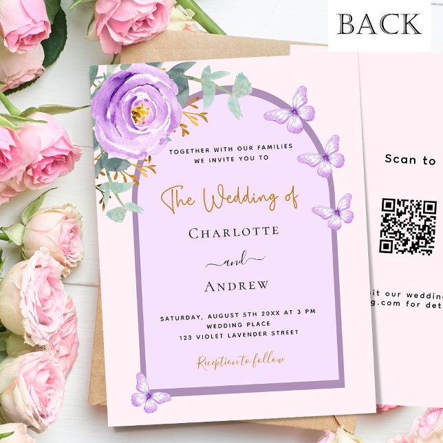 Violet violet arche fleurie QR RSVP mariage budget (Créateur téléchargé)